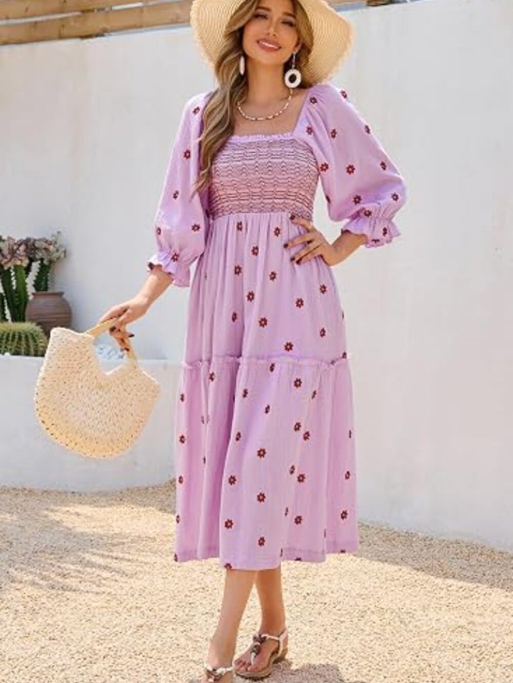 R.Vivimos Women's Cotton Floral Embroidered Boho Midi Dress with Pockets